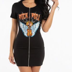 🛍️ Women’s black front zip rock ‘n’ roll guitar fitted mini dress NWOT Sz Medium